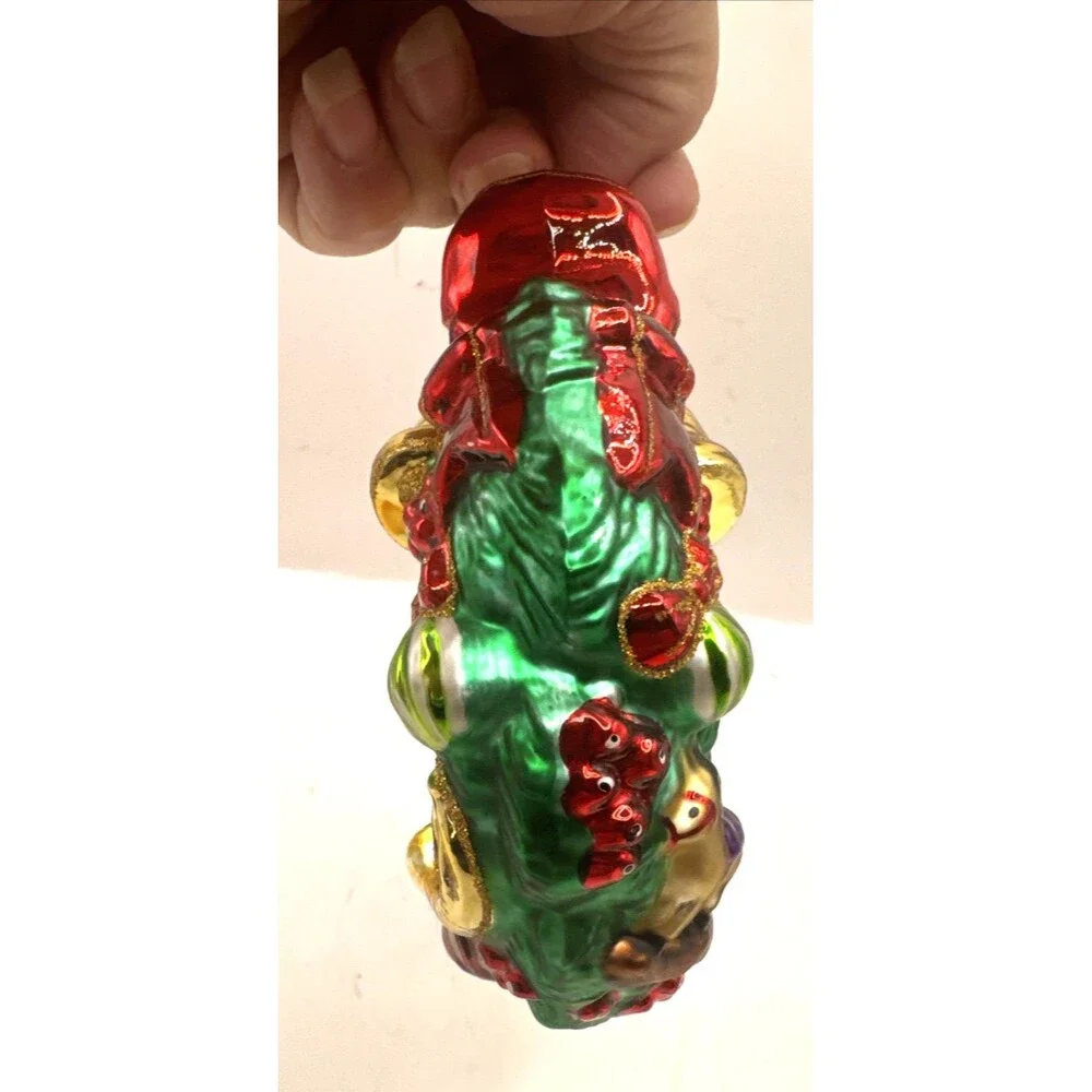Christopher Radko Bells Bow Evergreen Wreath Textured Glass Christmas Ornament